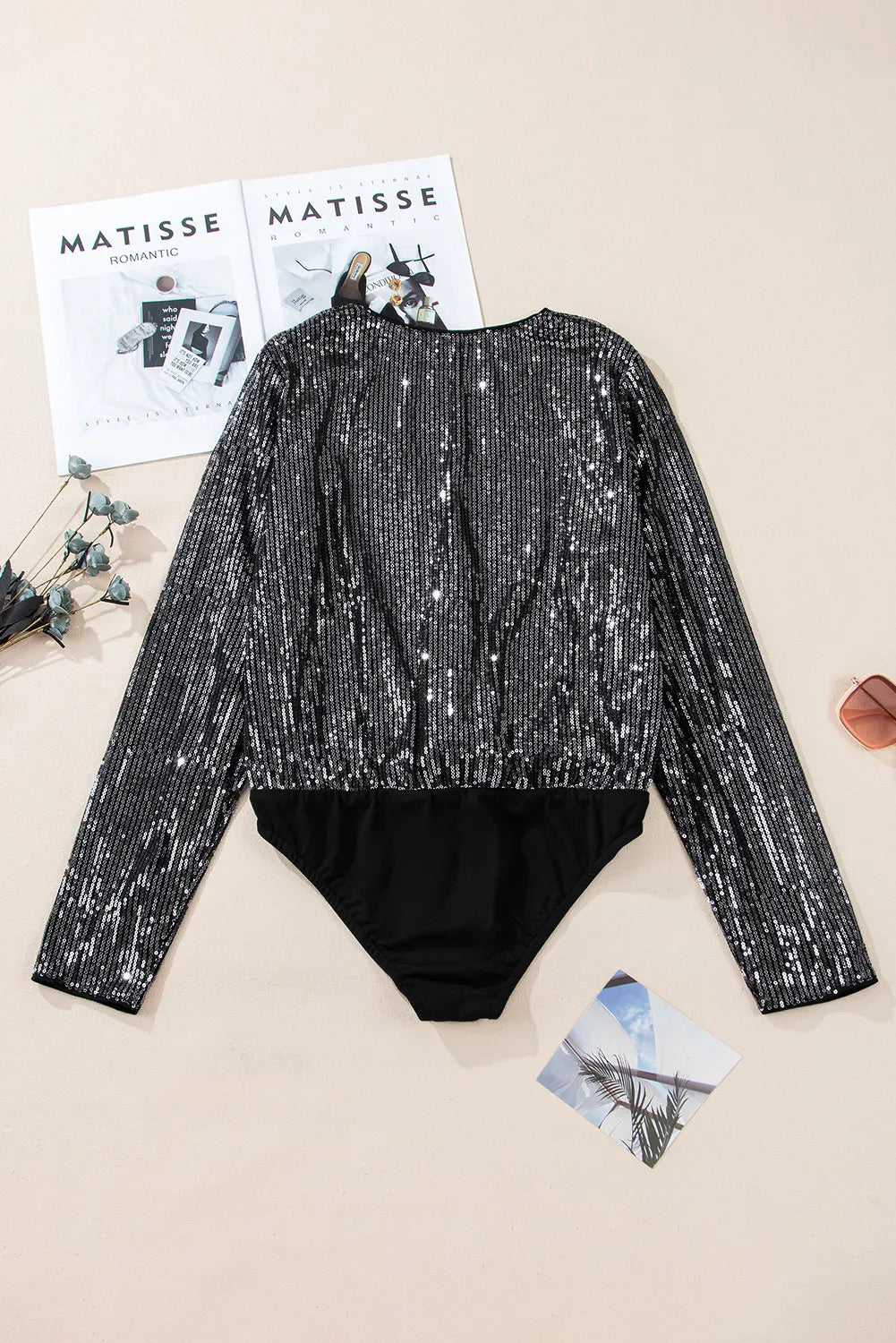 Sequin Surplice Long Sleeve Bodysuit