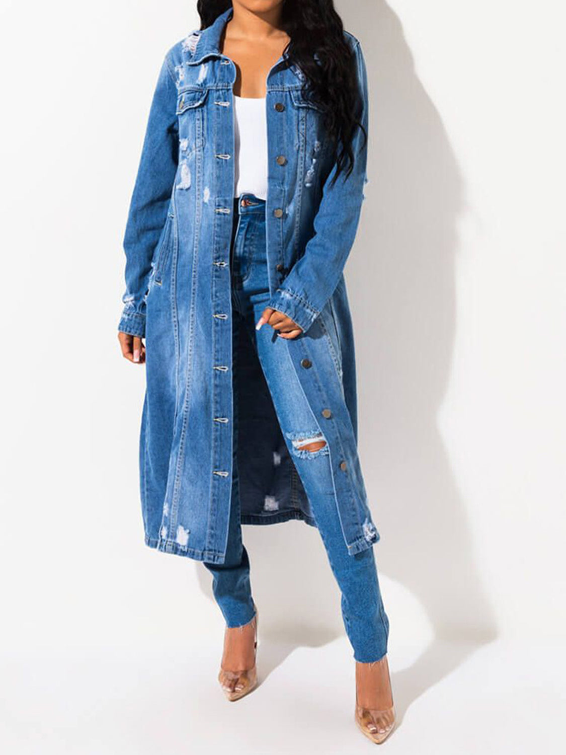 Distressed With Raw Hem Denim Jacket