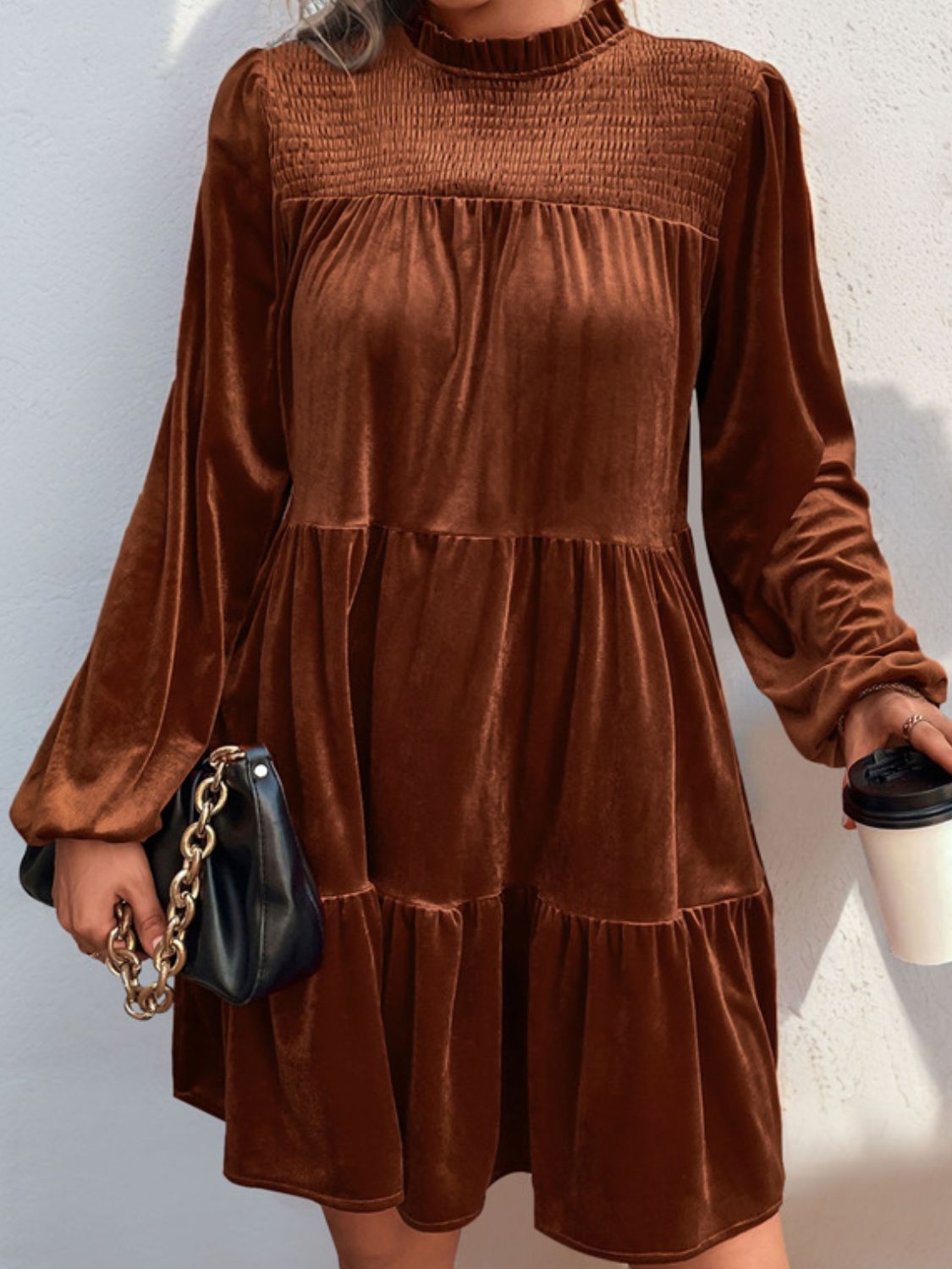 Perfee Tiered Ruched Mock Neck Long Sleeve Dress