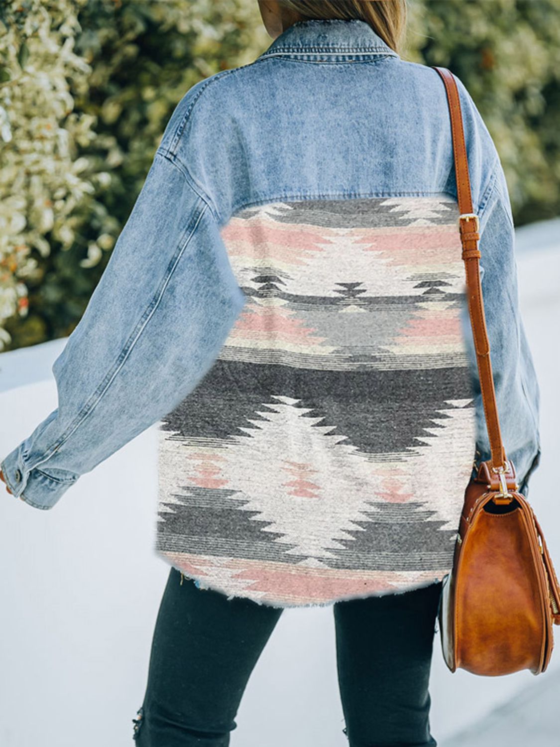 Distressed Southwestern Design Denim Jacket