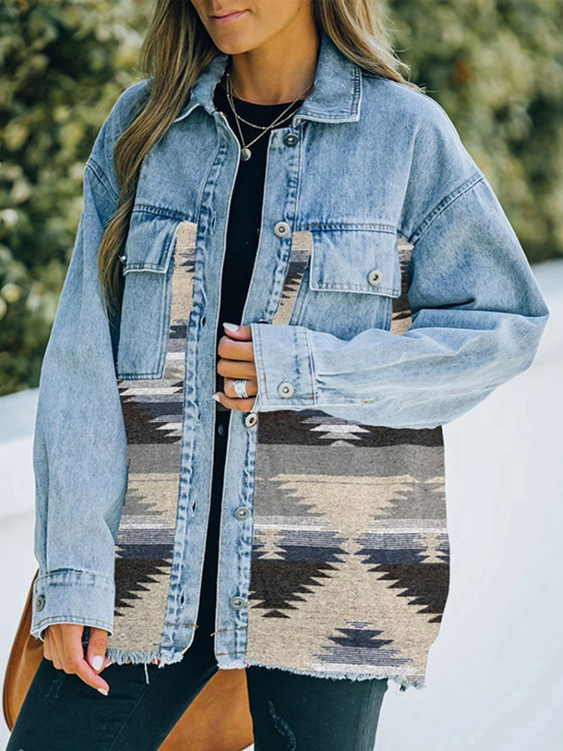 Distressed Southwestern Design Denim Jacket