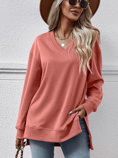 Long Sleeve V-Neck Side Slit Sweatshirt