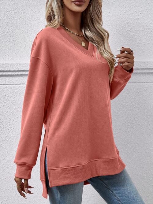 Long Sleeve V-Neck Side Slit Sweatshirt