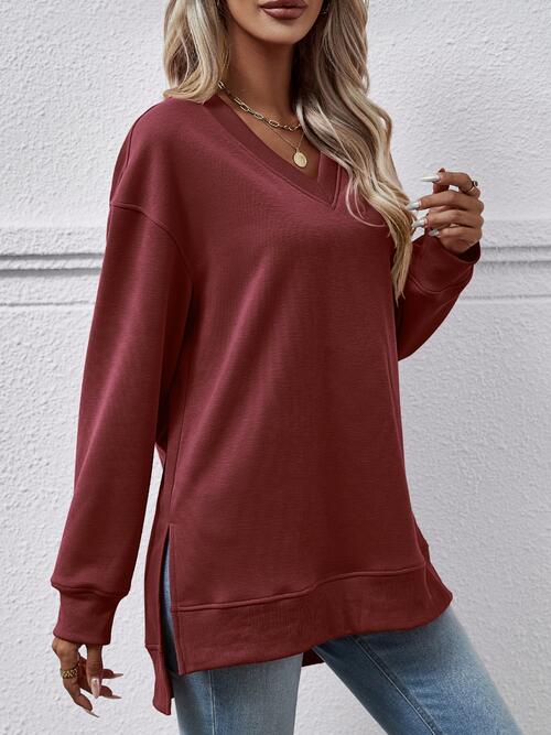 Long Sleeve V-Neck Side Slit Sweatshirt