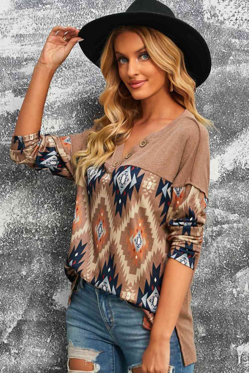 South Western Print V Neck Top