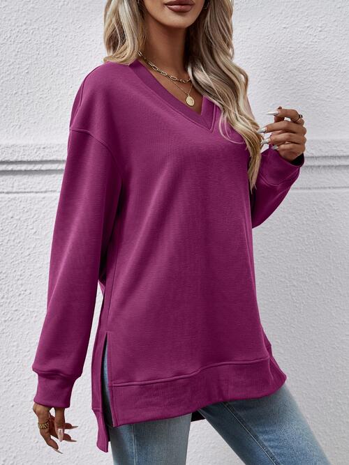 Long Sleeve V-Neck Side Slit Sweatshirt