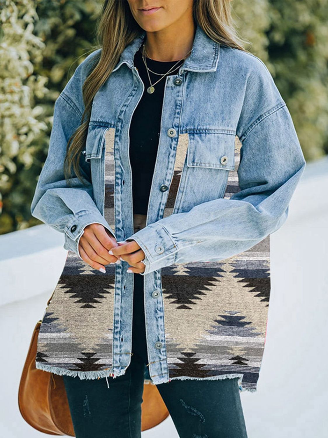 Distressed Southwestern Design Denim Jacket