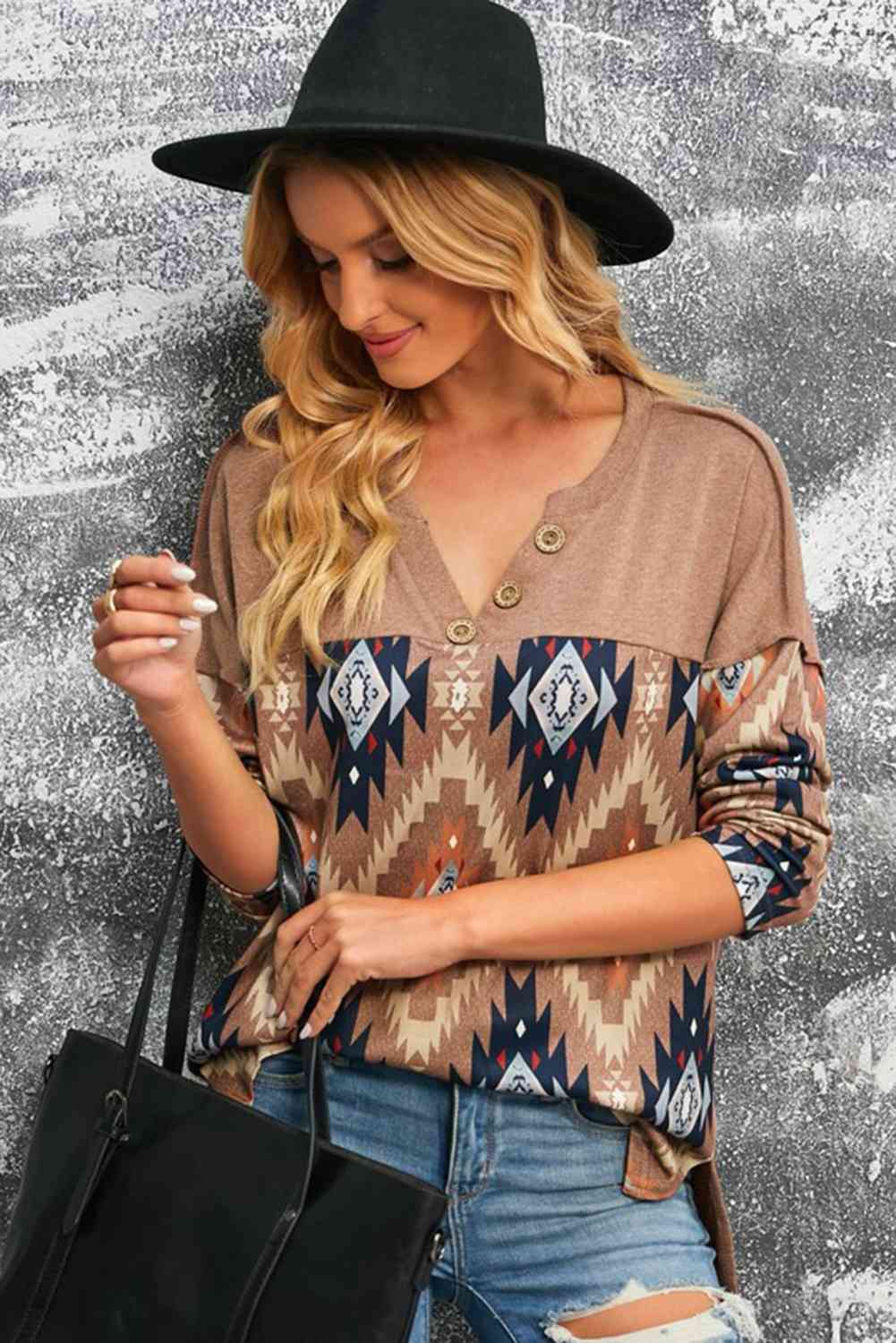 South Western Print V Neck Top