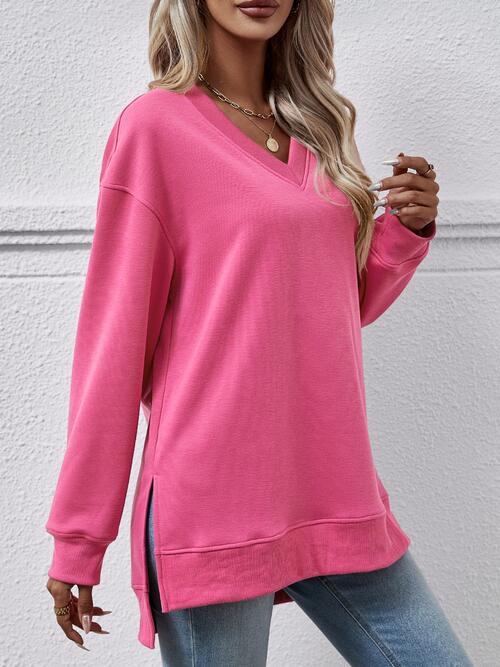 Long Sleeve V-Neck Side Slit Sweatshirt