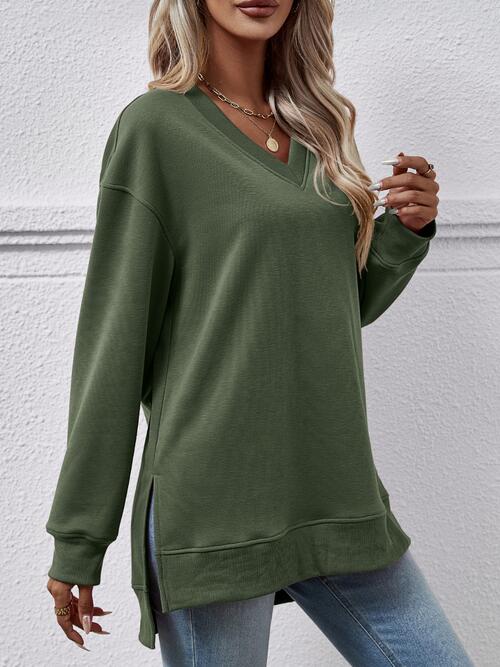 Long Sleeve V-Neck Side Slit Sweatshirt