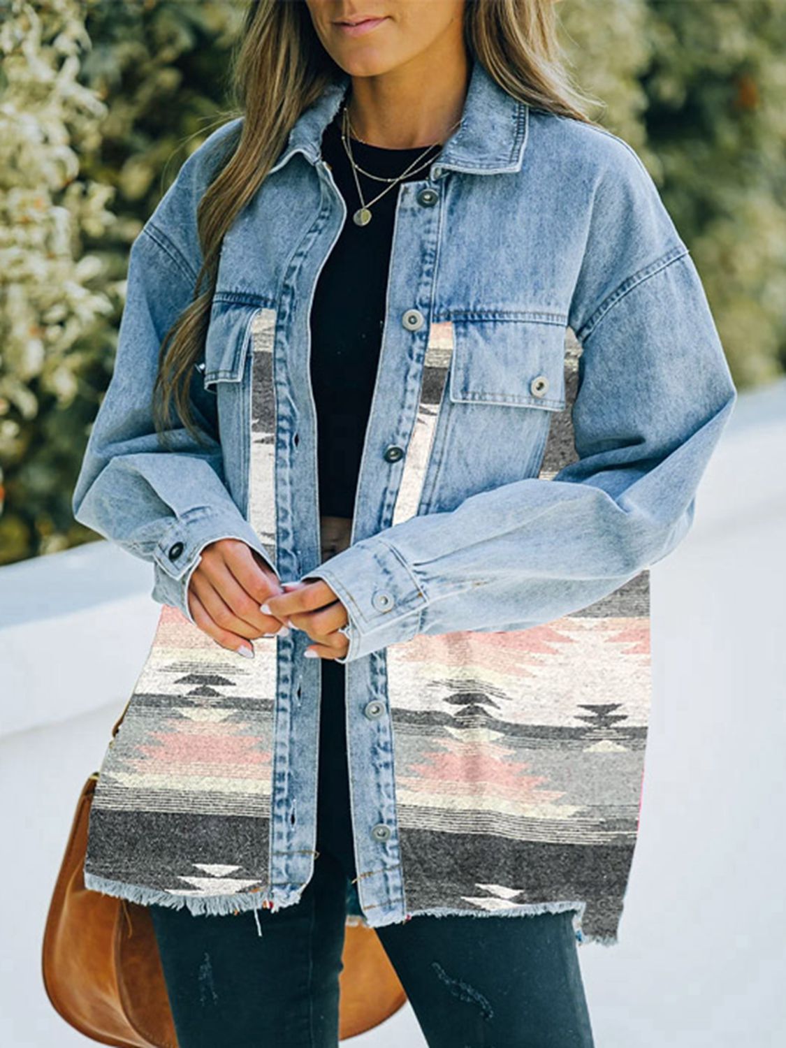 Distressed Southwestern Design Denim Jacket