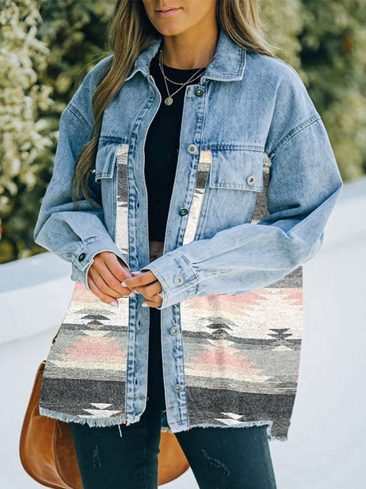 Distressed Southwestern Design Denim Jacket