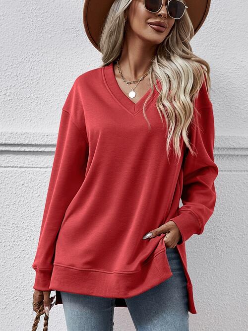 Long Sleeve V-Neck Side Slit Sweatshirt