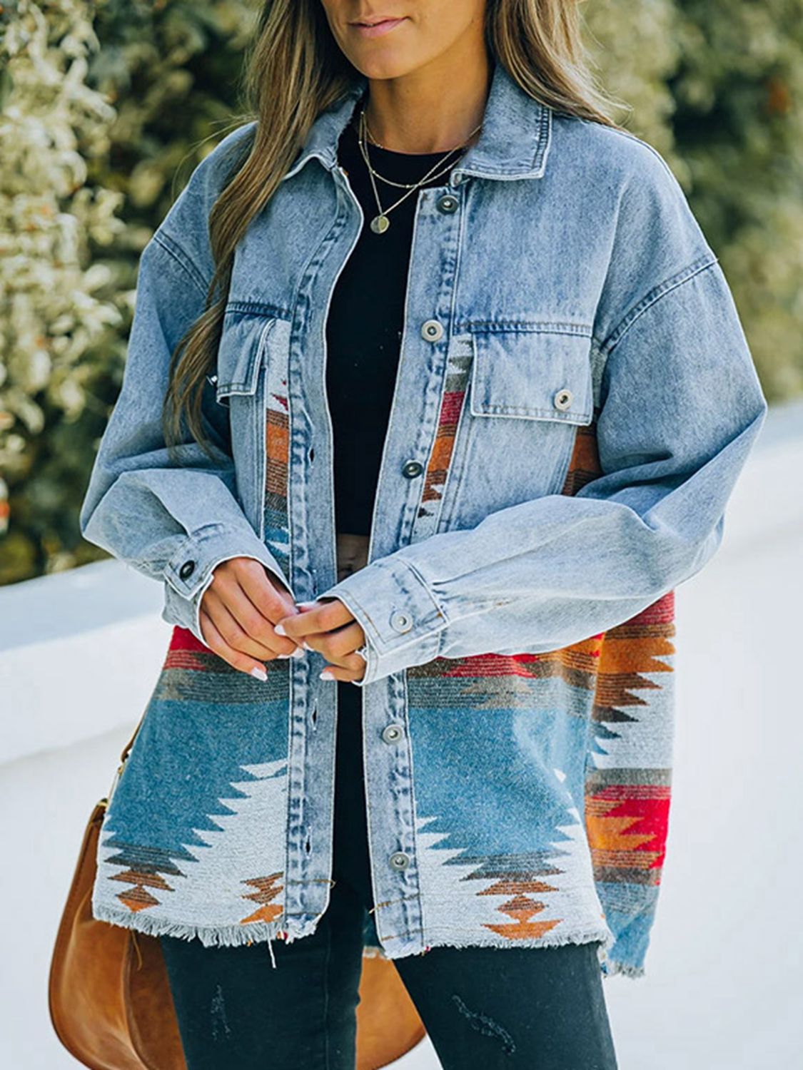 Distressed Southwestern Design Denim Jacket