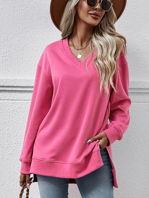 Long Sleeve V-Neck Side Slit Sweatshirt