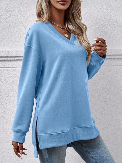 Long Sleeve V-Neck Side Slit Sweatshirt