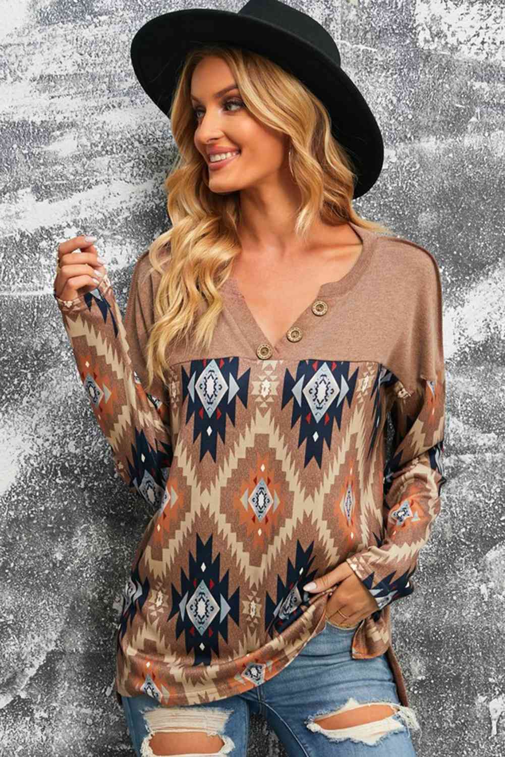 South Western Print V Neck Top