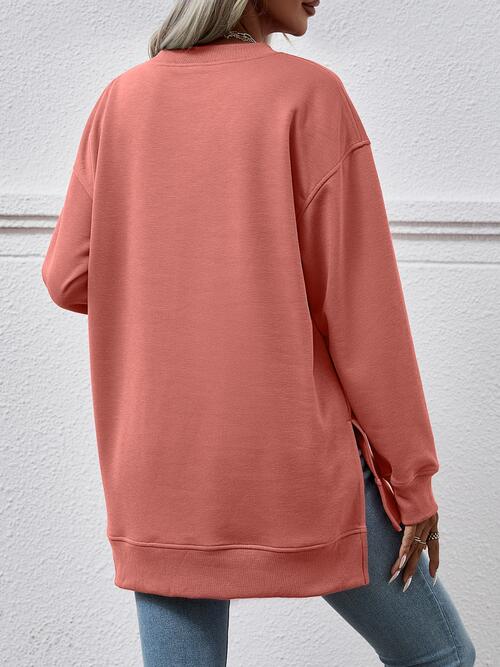 Long Sleeve V-Neck Side Slit Sweatshirt